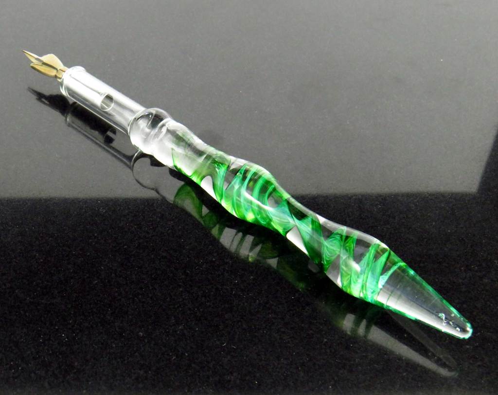 Absinthe green glass dip pen with green spiral inside, handmade glass by Glenn Godden at SteamPunk Glass