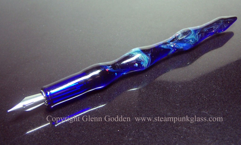 Blue glass nebula space pen with crushed opals