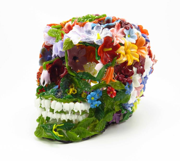 Glass skull made of glass flowers, glass sculpture by Glenn Godden